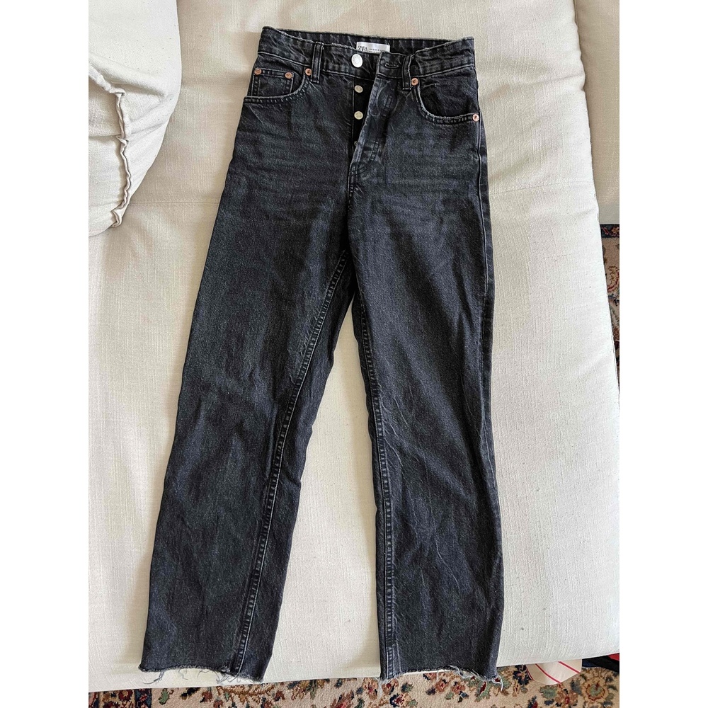 Zara Black High Waisted Button Fly Five Pocket Raw Hem Jeans Size 0